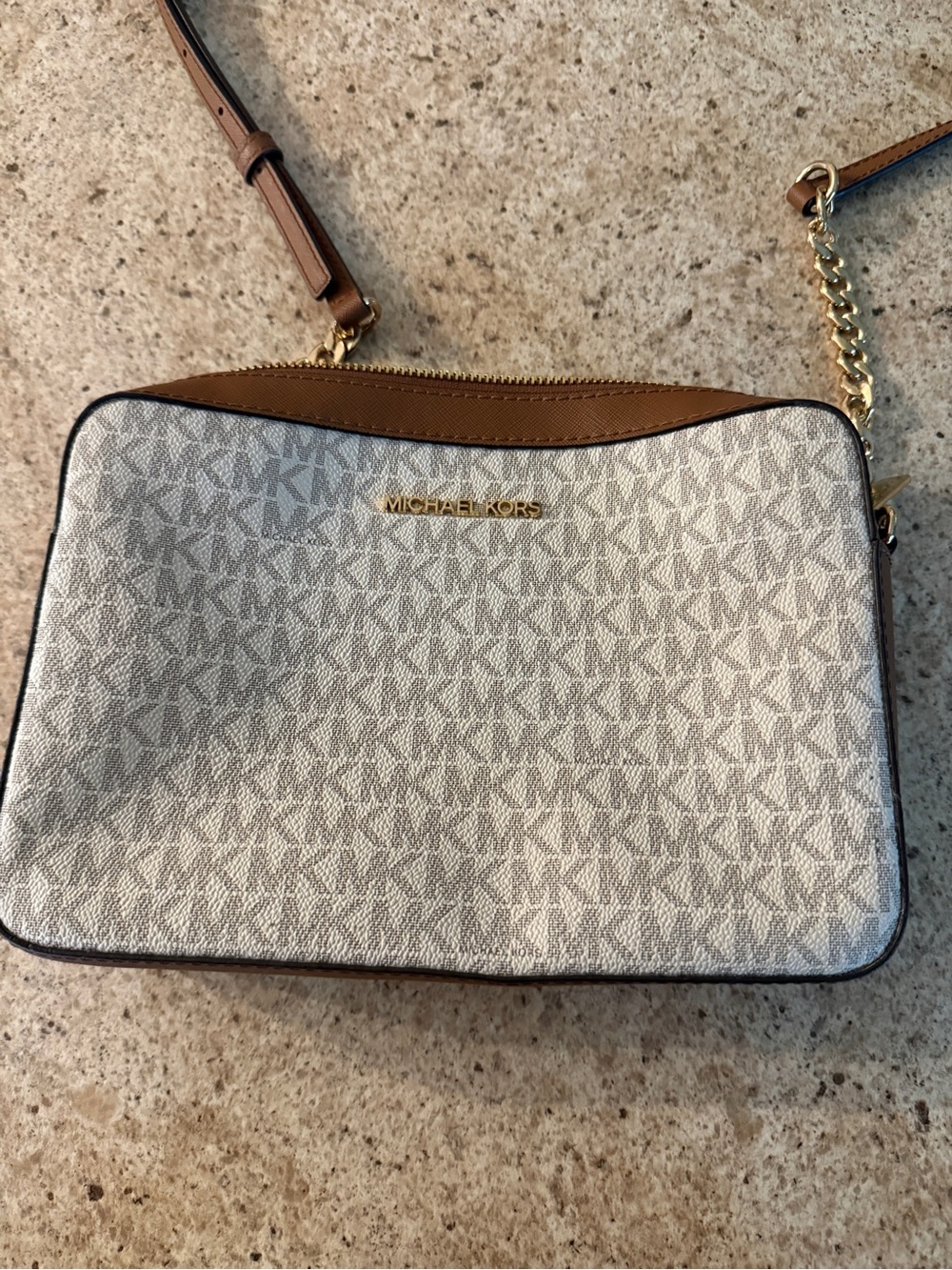 Michael Kors Vanilla Monogram Crossbody with Brown Trim